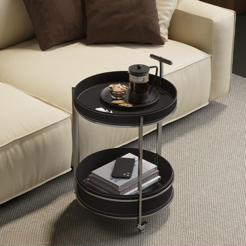 2025新款客厅意式极简圆形黑色马鞍皮沙发边几小推车卧室床边角几