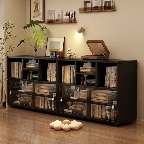 实木书柜矮柜落地家用储物柜客厅柜子一体靠墙带门书架收纳柜边柜