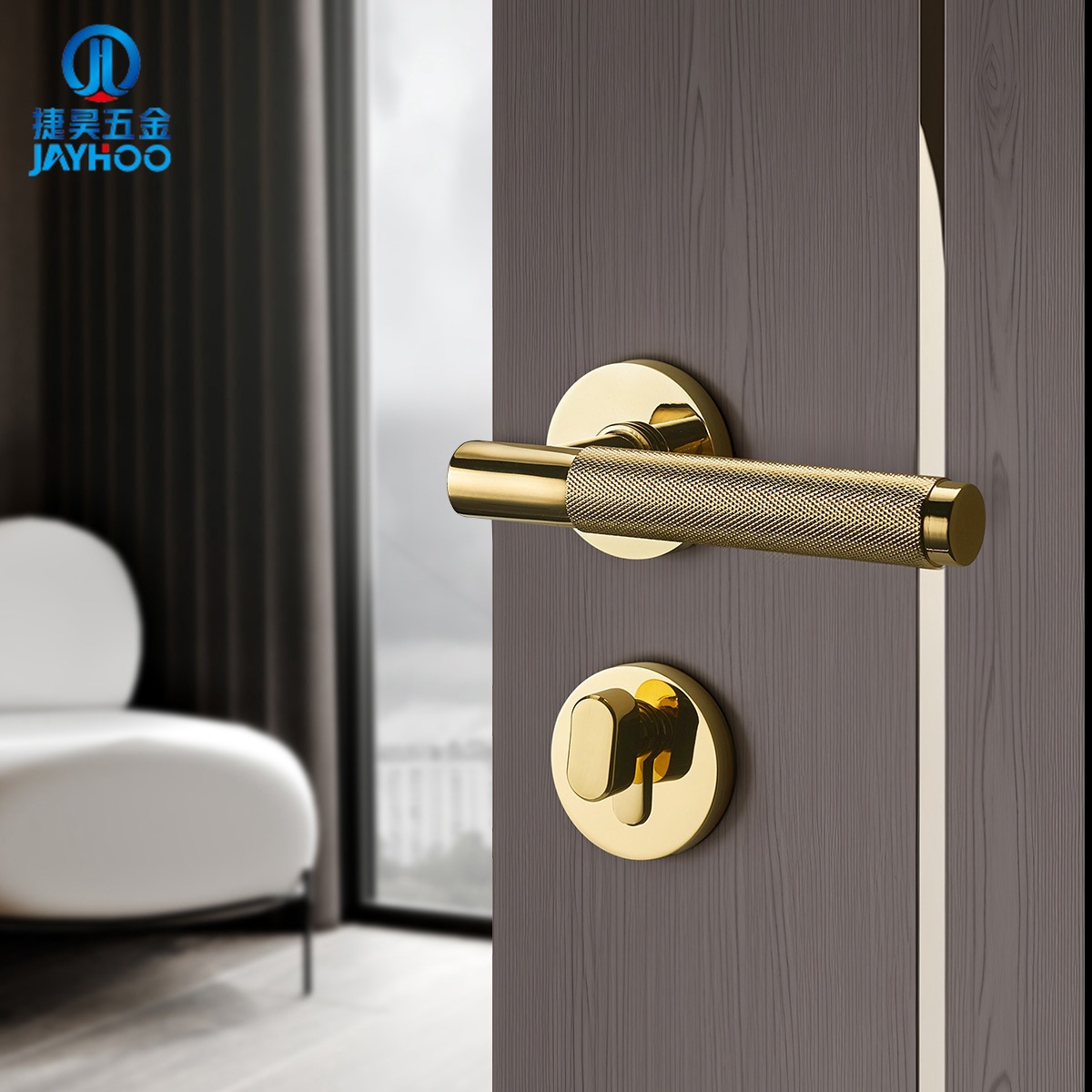 捷昊磁吸静音直网纹黄铜门锁金色美式分体室内卧室实木房门把手锁