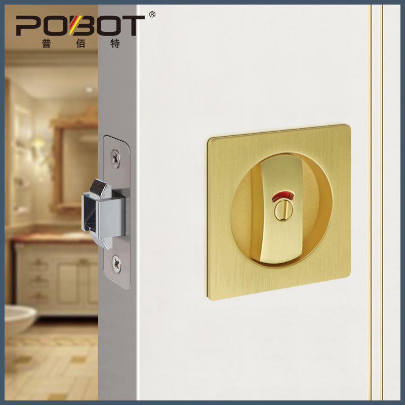 圆形移门锁金色带指示嵌入式卫生间移门勾锁木门趟门方形推拉门锁