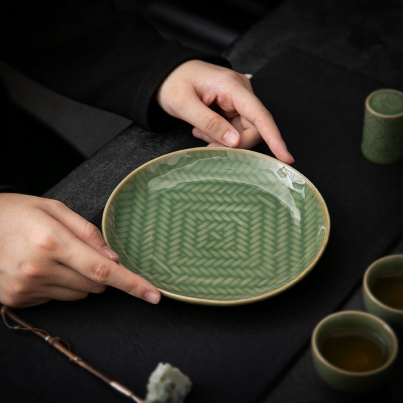 创意青瓷水果盘点心碟子茶点盘圆形壶承茶壶垫创意竹编壶托果点盘