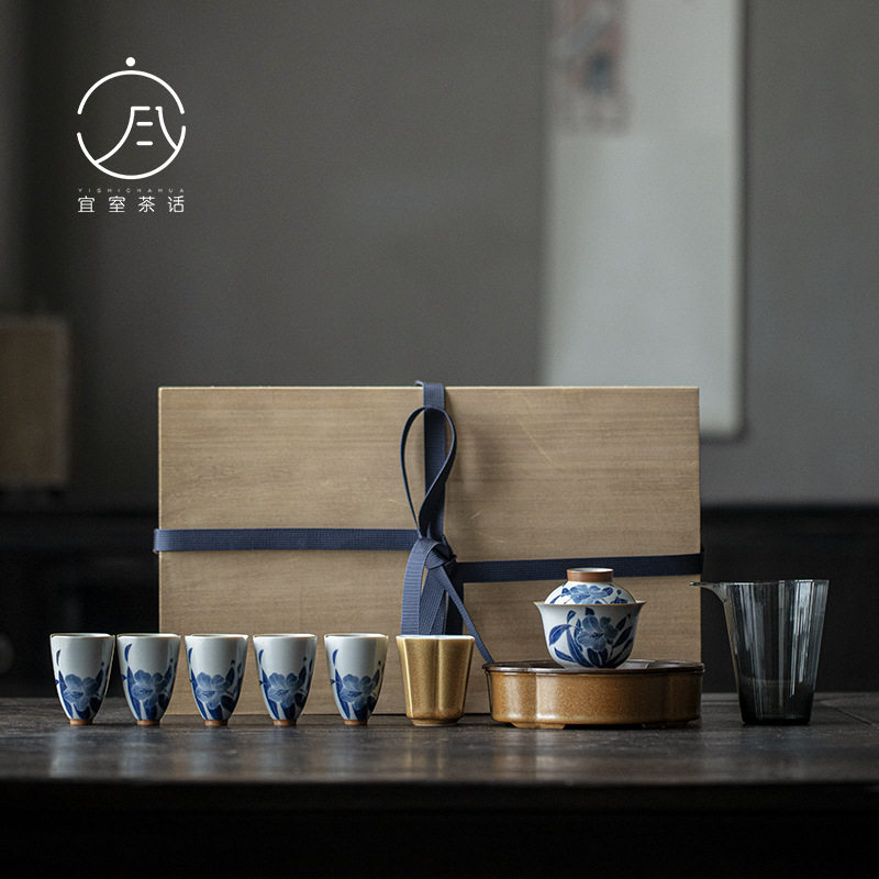 宜室茶话 木盒整套手绘百合套组 文人茶室整套茶具盖碗 家用茶礼