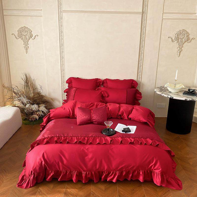 2025新款00s贡缎全工艺款提花法式1花边四件大红套棉DAF20240婚庆