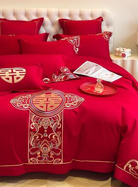 式龙凤VTB刺绣大红色婚套庆四中件新婚陪礼亲嫁肤棉床单被套床上