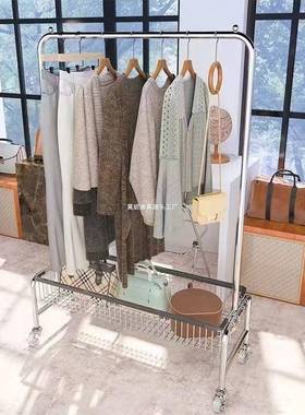 不钢落地锈衣架挂衣架移动多功能收纳架子服装EYK物店卧红室带篮