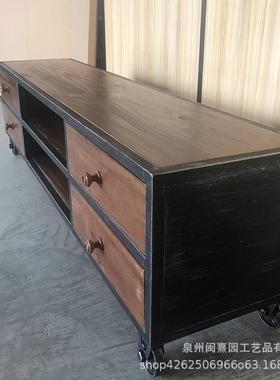 美式复ADARA*75古实木电视柜小户型卧客室厅铁艺带移动矮柜简轮储