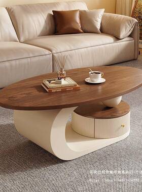 中古风轻奢胡桃色茶几客厅家用圆形桌组GKO现椭合简约代茶设计师