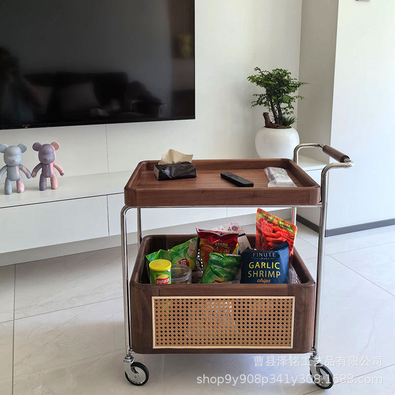 现货复古移动小推车客厅沙发阳台中古实木收纳藤编置物架家用推车