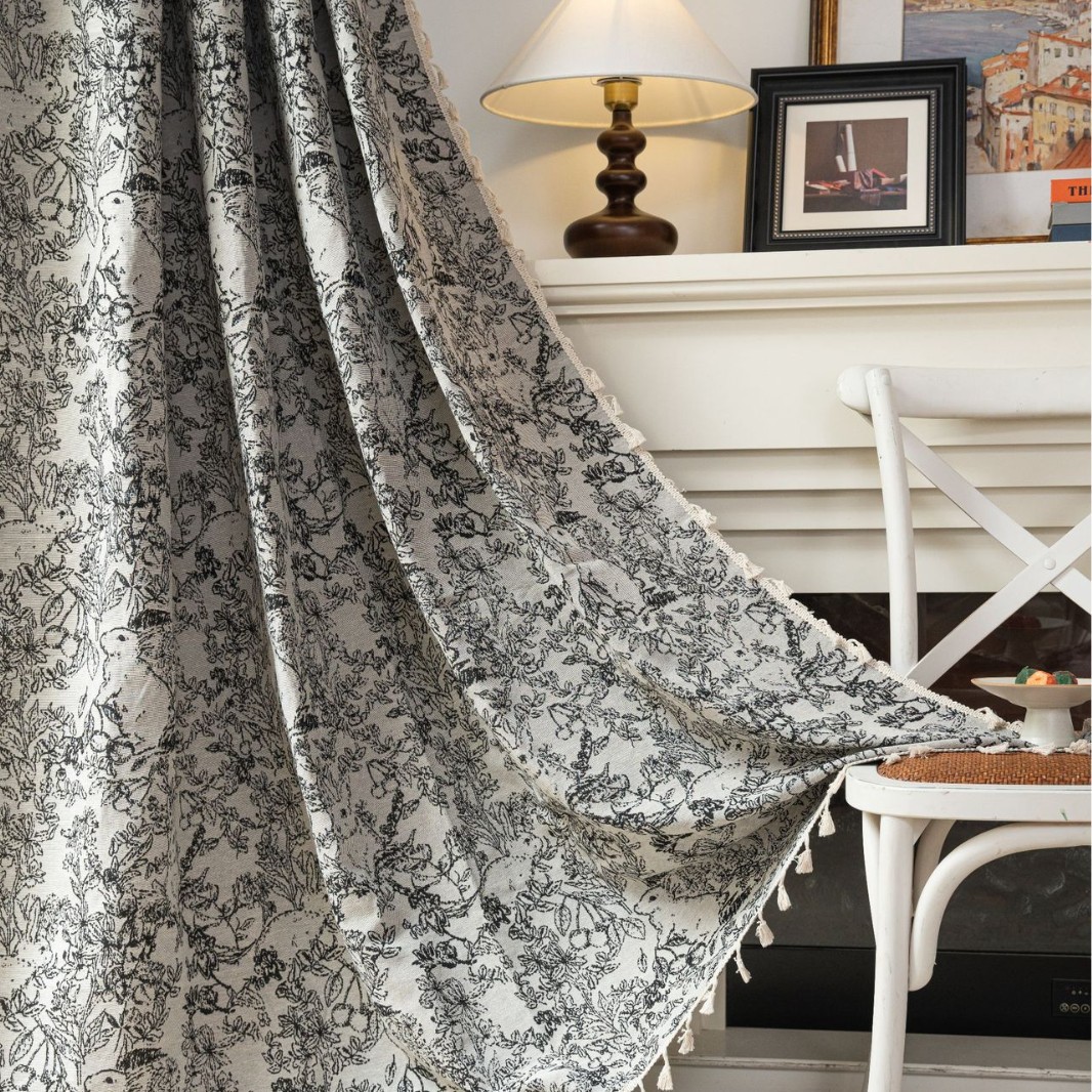 法式窗帘成品黑白色织提花客厅中古风透光不透人遮挡帘复古欧式风