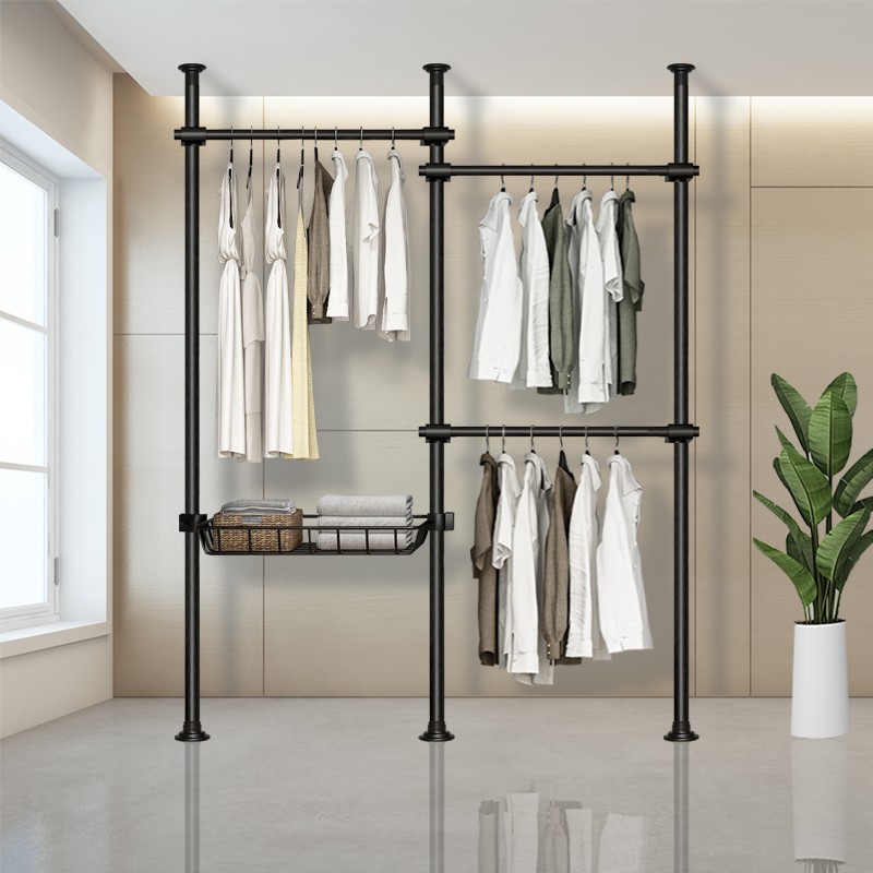 加厚顶天立地晾衣架落地卧室内窗户阳台伸缩折叠置衣杆凉晒衣帽架