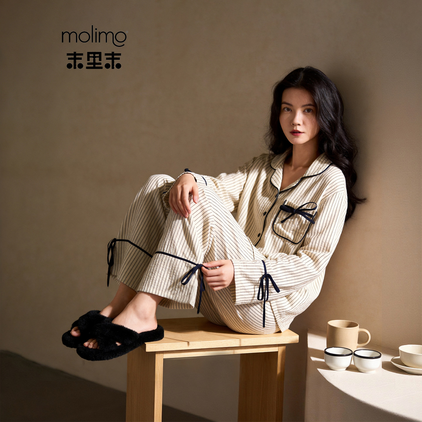 末里末【法风纹居】春夏翻领开衫蝴蝶结睡衣2026新款条纹家居服女