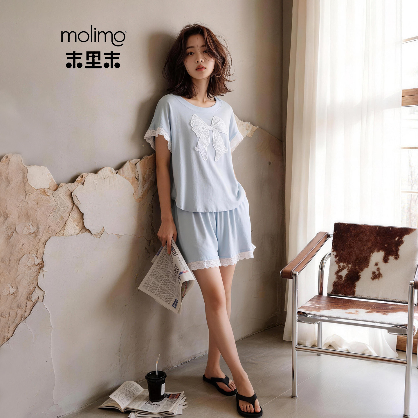 莫代尔睡衣女夏季带胸垫短袖短裤凉感型冰丝套装蝴蝶结蕾丝家居服