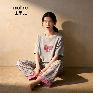 末里末【带胸垫】睡衣女款2026春新款短袖长裤大码纯棉外出家居服
