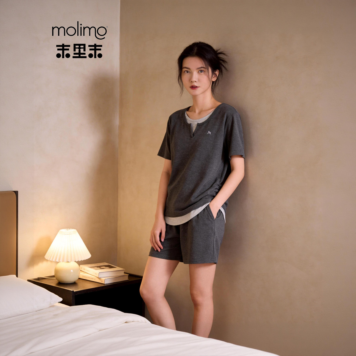 末里末【带胸垫】2026新款夏季纯棉女士睡衣假两件短袖圆领家居服