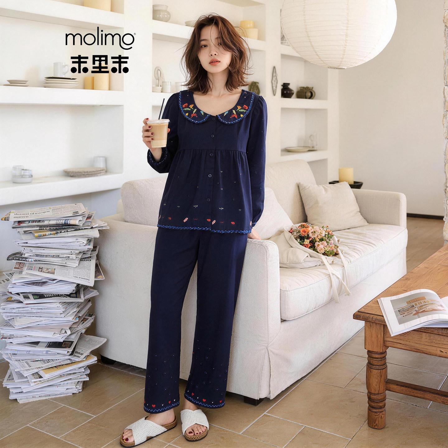 睡衣女秋冬季甜美风娃娃领刺绣大码纯棉长袖长裤家居服套装可外穿
