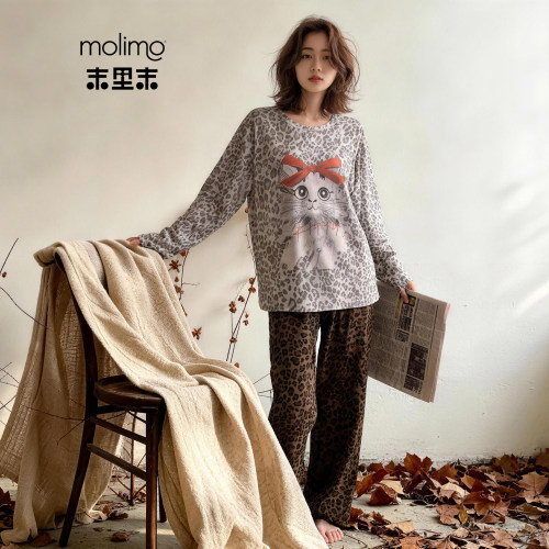 睡衣女秋冬季豹纹猫咪德绒家居服