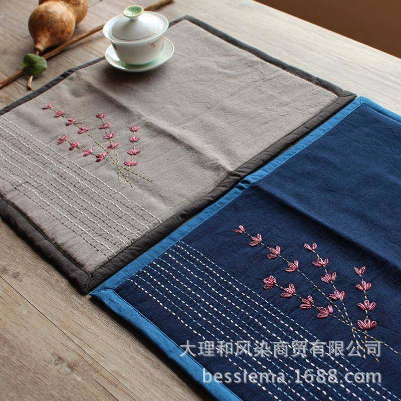 新款刺棉复麻餐意垫桌垫隔928热日式古方形创纯绣色扎染