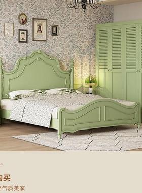 新款储清茶绿色实木床法式人床ENX主卧婚床奶新油风公主床高箱双