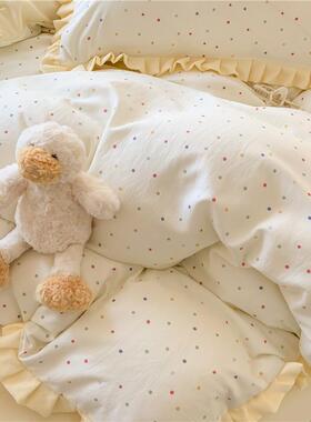 可春新针盐织IXJ棉双层纱印花床单四件套小清新花边学生款三件套