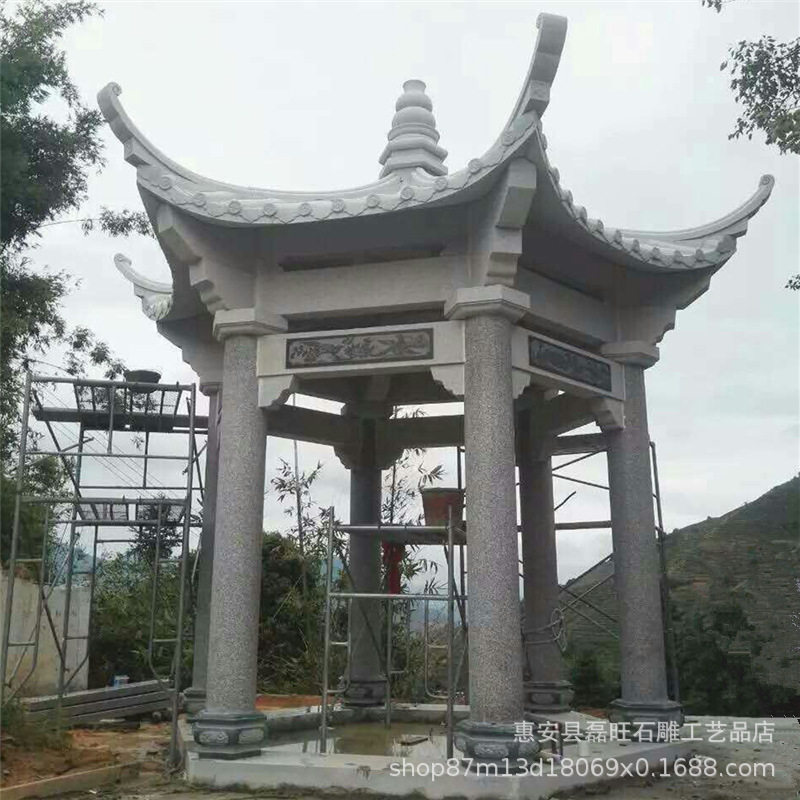 户外庭院六角石雕凉亭