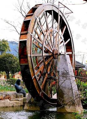 无穷工厂制作大型防腐木水车景室外观yk202101园车林流水木质水雕