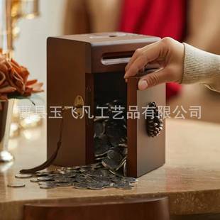 复古轻奢实木储蓄罐家用木质儿童存钱罐木制方形带锁存钱盒收纳盒