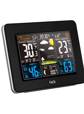 多功能子钟彩屏天气报闹气象站黑色电预波电钟RF无线气3365象钟