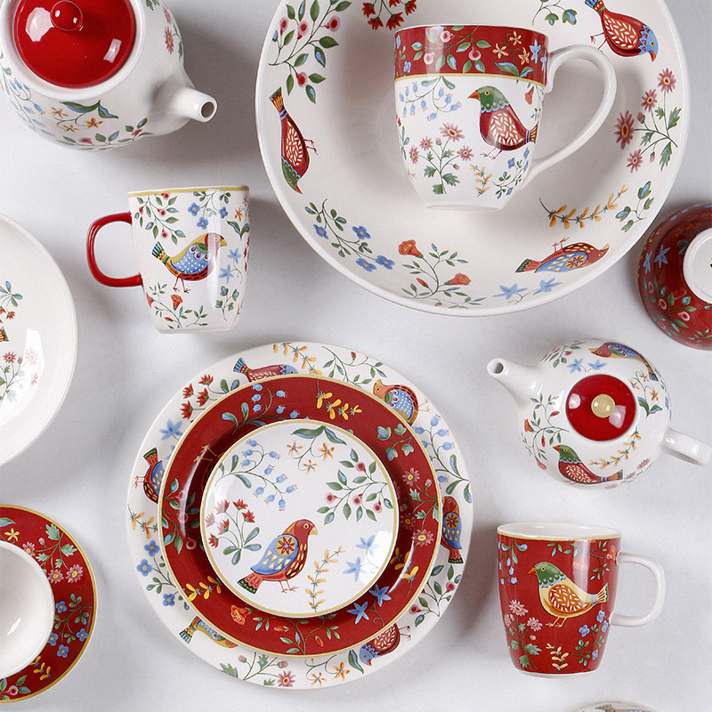 OMK 欧式红色花鸟餐盘个性餐厅餐具创意马克杯咖啡杯陶瓷餐具套装
