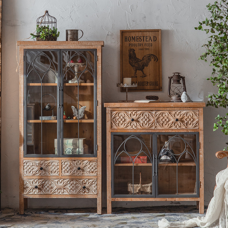 实木复古做旧杉木斗柜民宿卧室玄关柜原木色餐边柜客厅玻璃储物柜