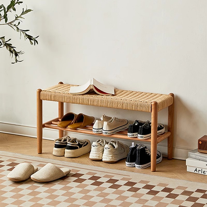 日式实木换鞋凳橡木卧室简约床尾凳樱桃木编绳长凳家用门口长条凳