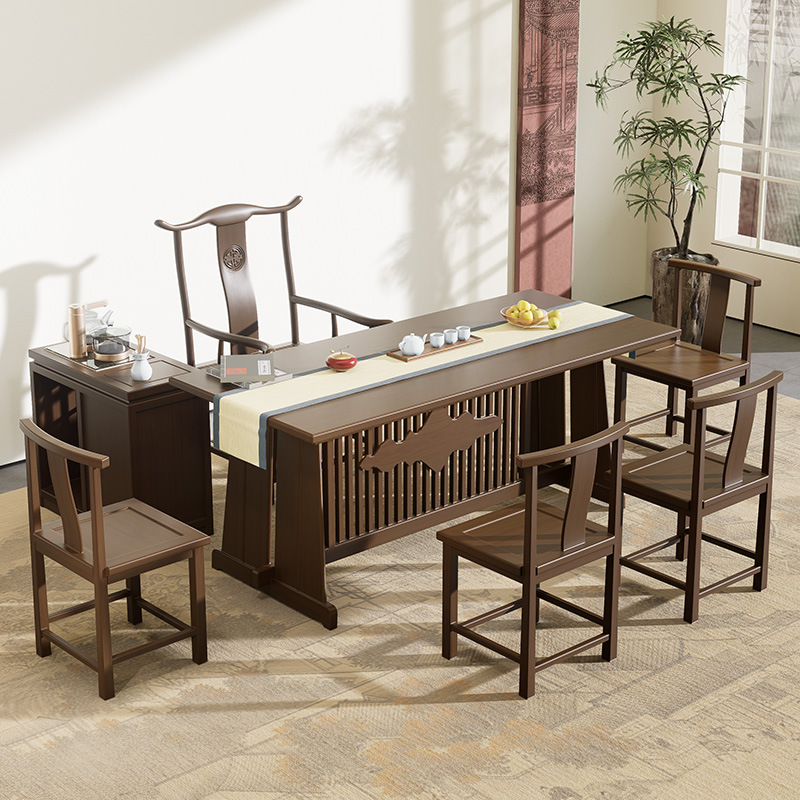 原木茶桌中式茶桌椅组合远山桌实木色荼桌一桌五椅泡茶台奢高级感