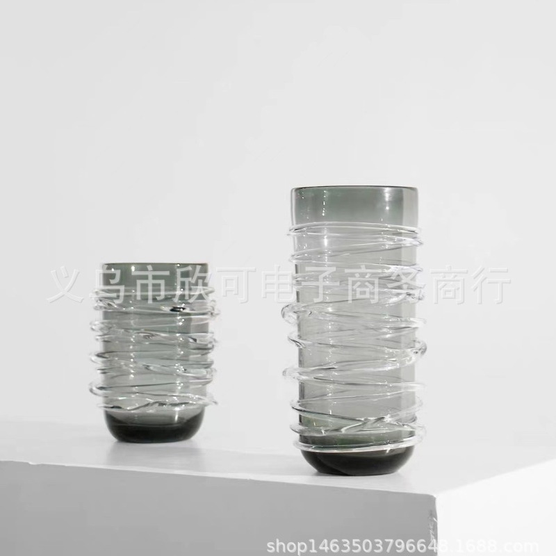 现代简约灰绿色玻璃螺旋开口花瓶样板间售楼处餐桌玄关插花花器