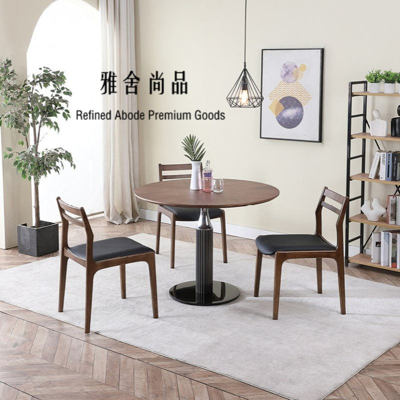 中古风北美黑胡桃木不锈钢餐桌家用小户型极简风洽谈实木客厅圆桌