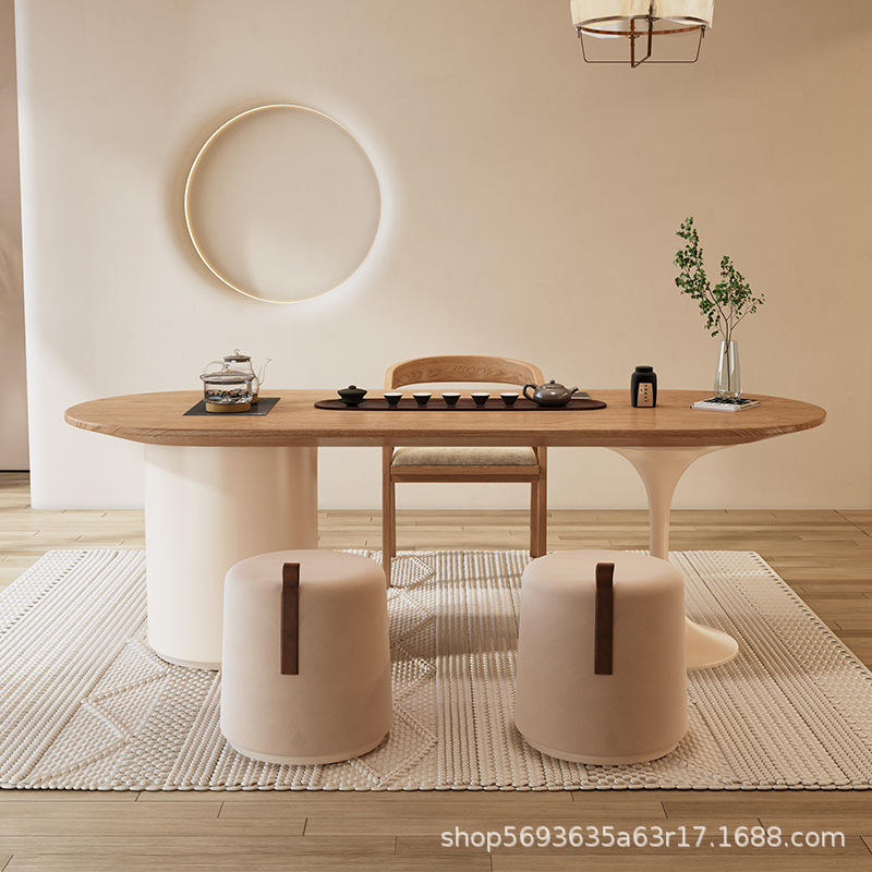 奶油风小茶台家用泡茶桌书桌茶桌一体原木风阳台实木茶桌椅组合