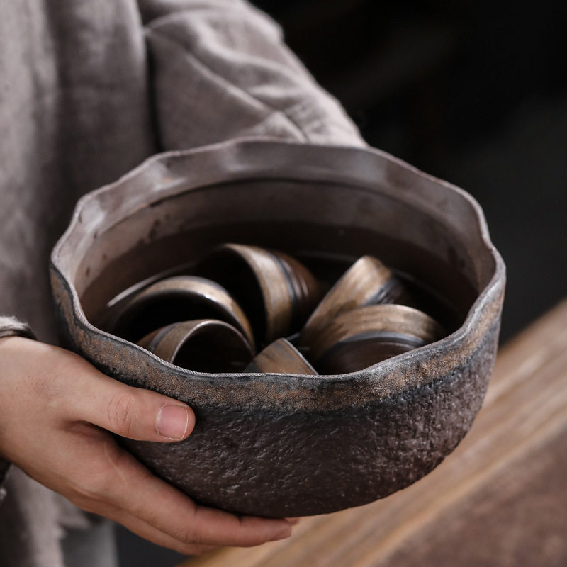 大号鎏金茶洗日式锤纹杯洗笔洗复古窑变陶瓷半手工创意粗陶水盂