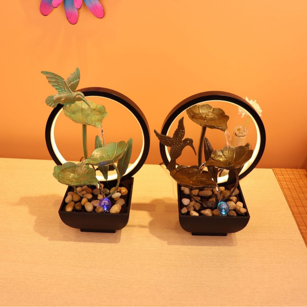 青色咖色流水摆件循环水八方来财小型桌面铁艺工艺品家居喷水装饰