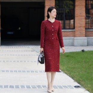 LILIAN ZHANG静奢风法式高定礼服金丝小香风酒红色连衣裙2501217