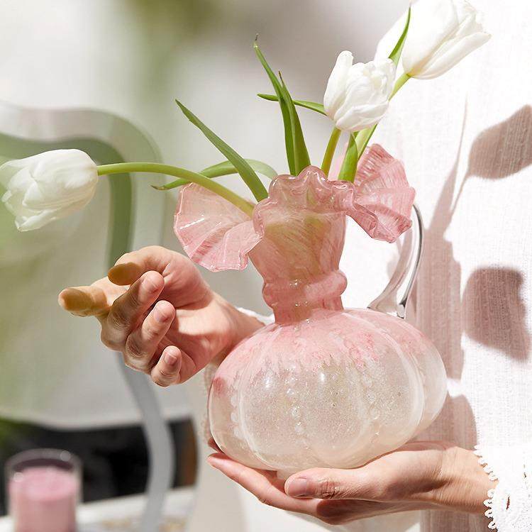 粉色奶油风玻璃花瓶中古芬顿高级感琉璃水养鲜花卧室客厅插花摆件,纺织面料/辅料/配套,纺织机械配件,淘宝优惠券,粉丝福利购,淘宝优惠卷