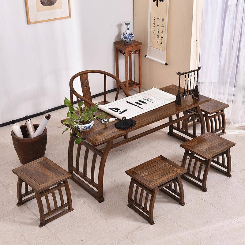 实木儿童课桌学生桌书画桌中式仿古榆木仿古国学桌马鞍桌写字台