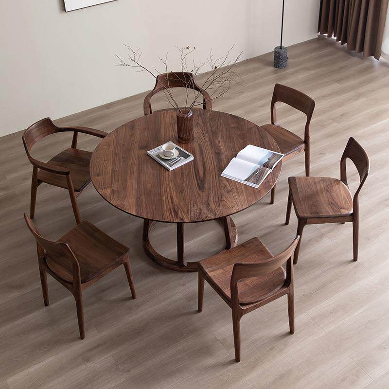 北美黑胡桃木圆桌全实木樱桃木现代简约餐厅圆形带转盘餐桌椅组合