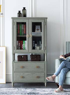 美式实木全实木双开门酒柜储物收纳客厅边柜组合灰色玻璃高低柜子