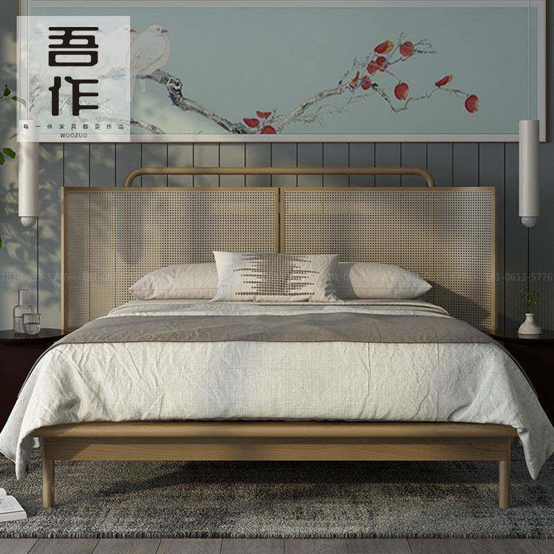 宋式美学床藤艺床度假村别墅东南亚外贸实木床网红民宿家具定作