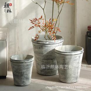 复古做旧水泥花盆大号宽口落地花盆龙血树铁树大型商场绿植种植盆