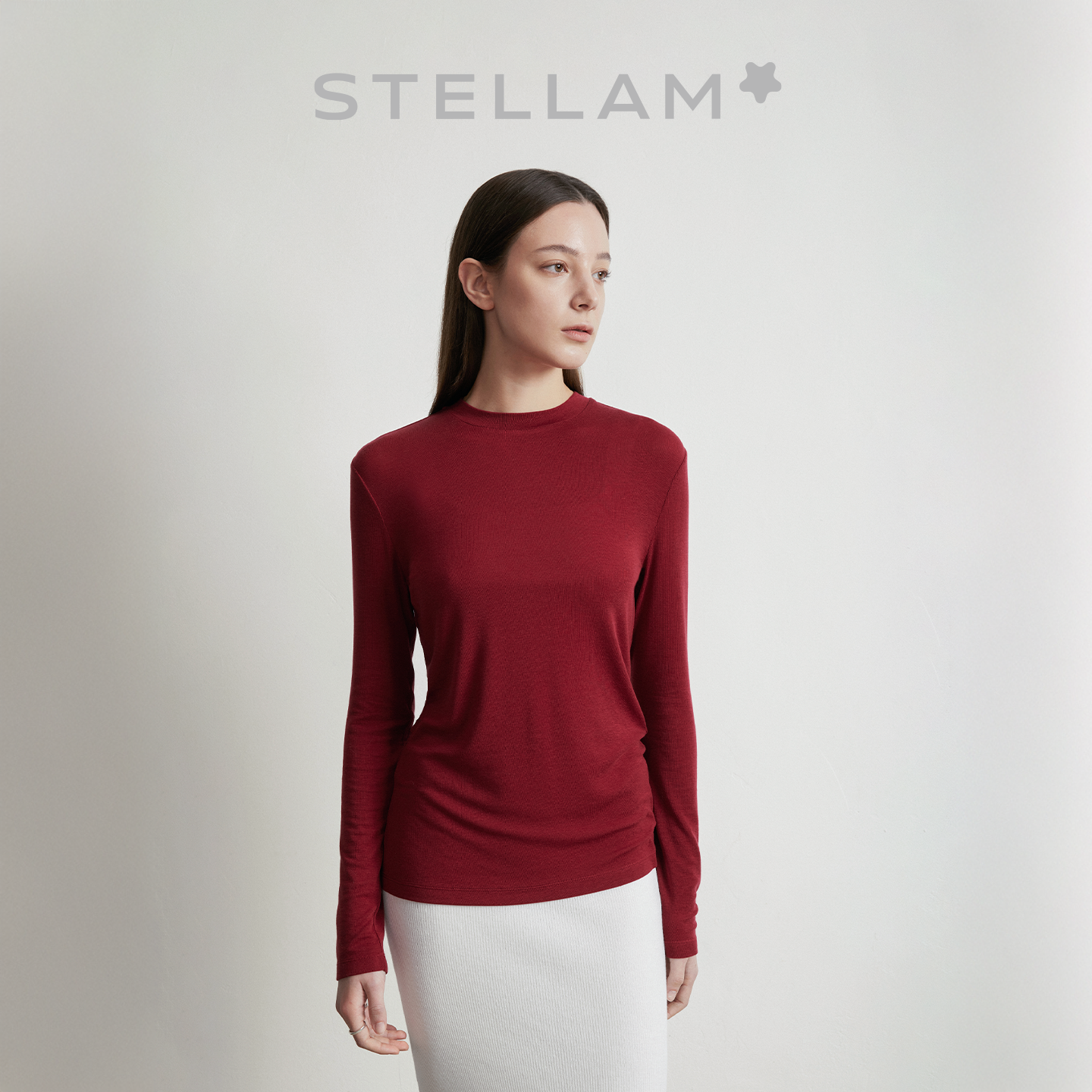 STELLAM女装EMMA 羊毛天丝针织衫圆领长袖上衣内搭t恤打底上衣