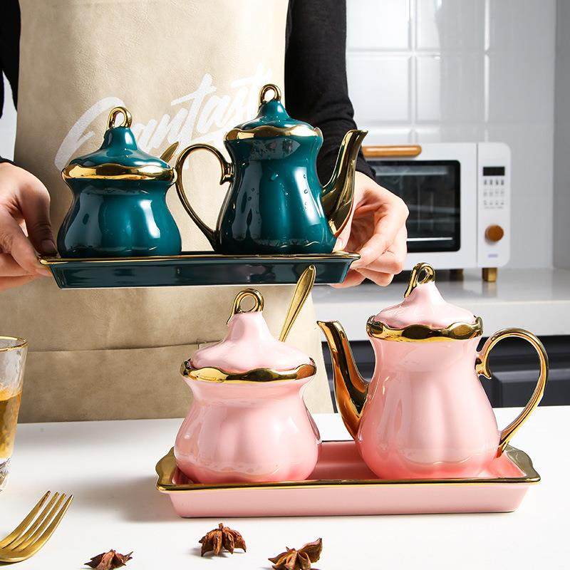 网红轻奢调料瓶带托盘陶瓷调料盒配勺子厨房家用油壶调料罐套装