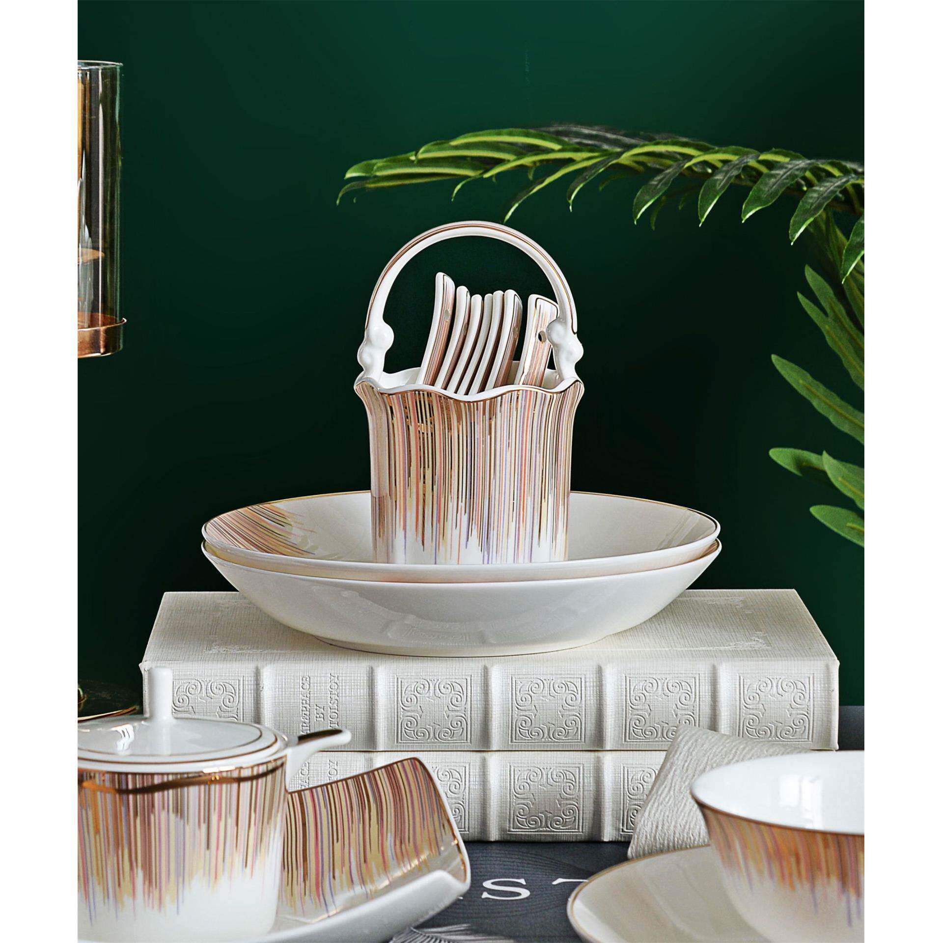 唐山吉纳欧式轻奢镶金骨质瓷家用送礼餐具套装