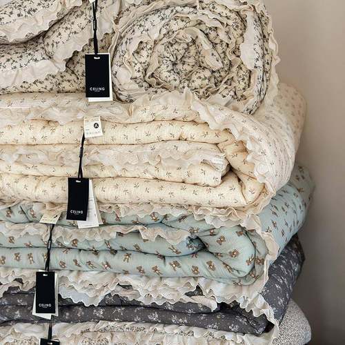 法式小碎花双面全棉花边皱皱纱春秋被加厚保暖冬被双人纯棉盖被++