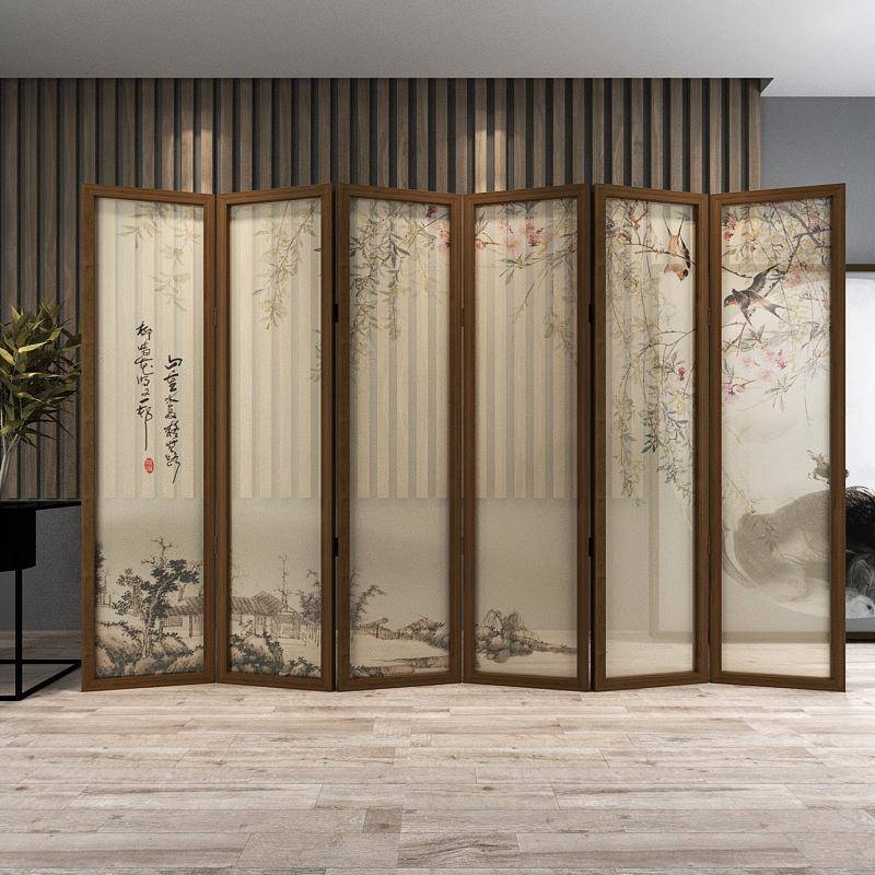 新古典屏风隔断中式客厅移动入户折叠遮挡茶室装饰办公室花鸟折屏