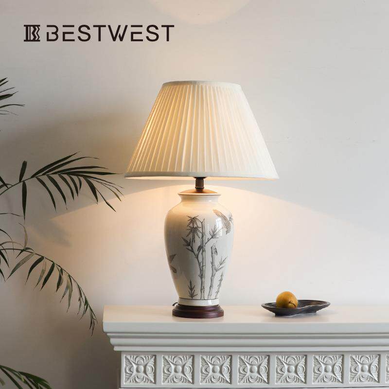 Bestwest新中式竹报平安陶瓷花瓶台灯家居轻奢储藏罐装饰品套装