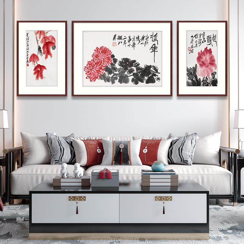 新中式齐白石花鸟三联幅挂画客厅沙发水墨画餐厅墙壁画书房装饰画